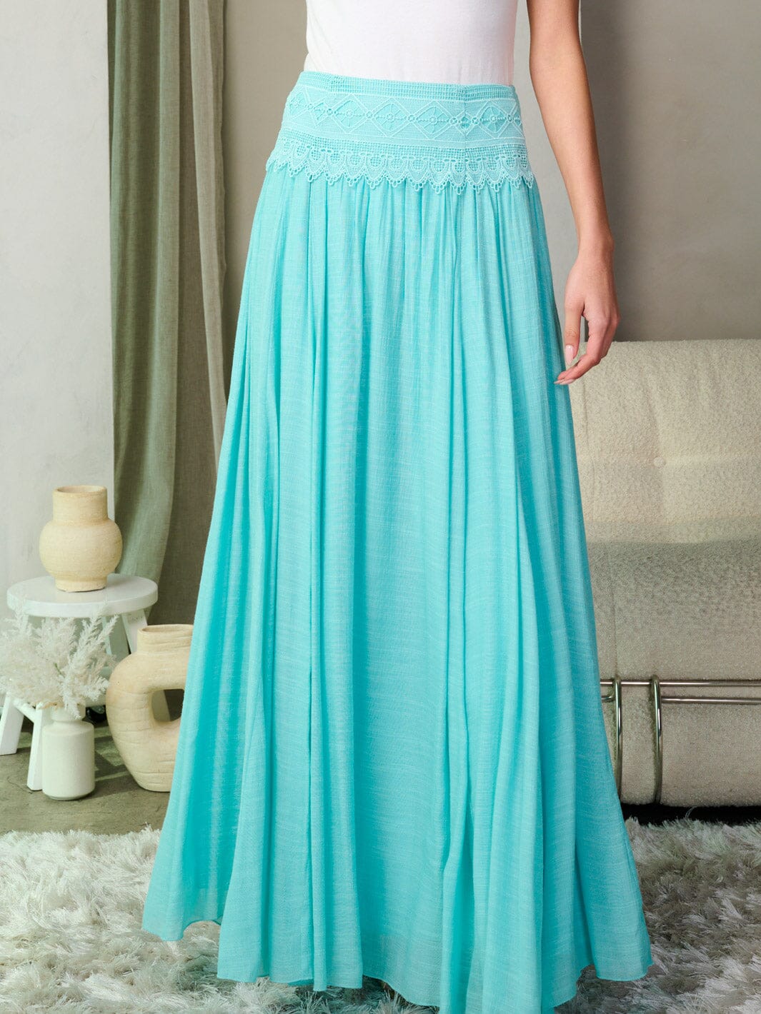 WOMEN'S ELASTIC WAIST DETAILED MAXI SKIRT