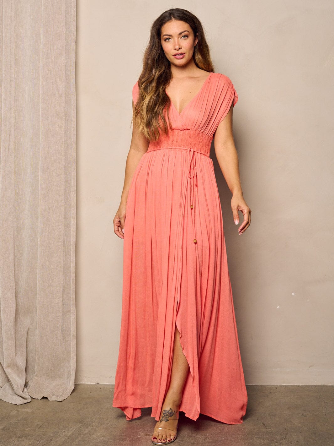 WOMEN'S SHORT SLEEVE SURPLICE SMOCK WAIST MAXI DRESS