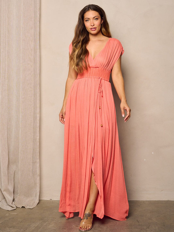 WOMEN'S SHORT SLEEVE SURPLICE SMOCK WAIST MAXI DRESS