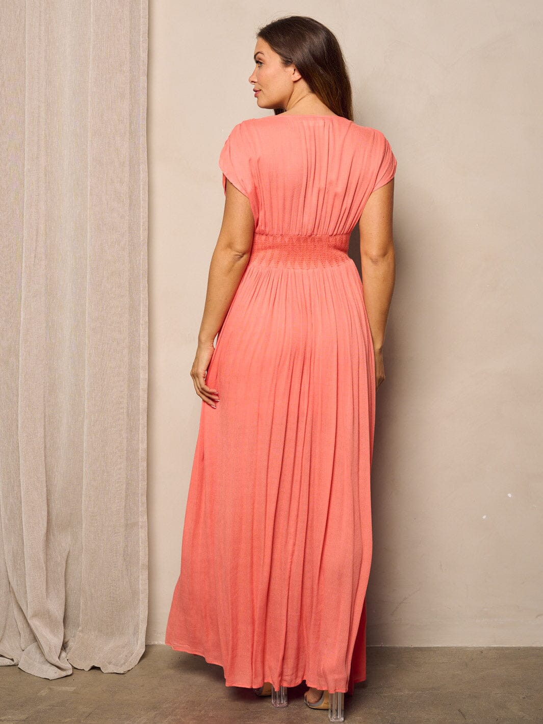 WOMEN'S SHORT SLEEVE SURPLICE SMOCK WAIST MAXI DRESS