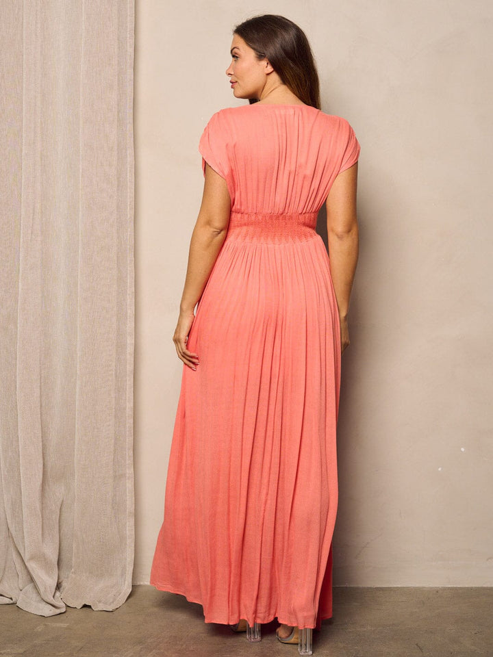 WOMEN'S SHORT SLEEVE SURPLICE SMOCK WAIST MAXI DRESS