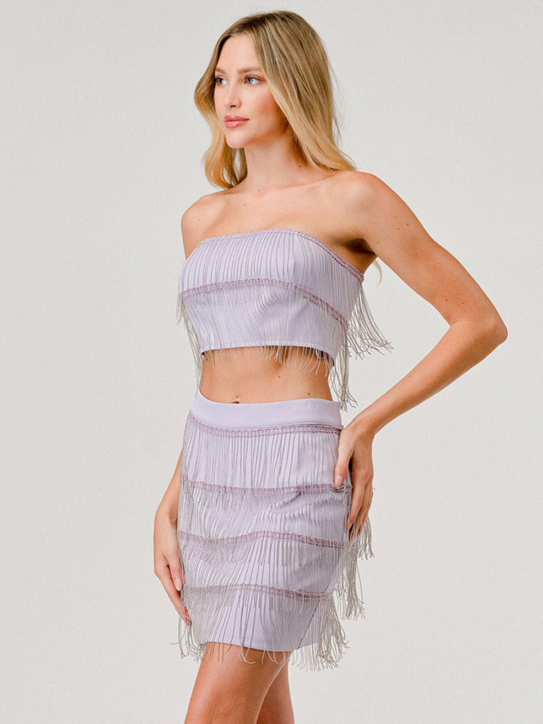 WOMEN'S SLEEVELESS CROP TOP & MINI SKIRT STUD FRINGE DETAILED 2PC. SET