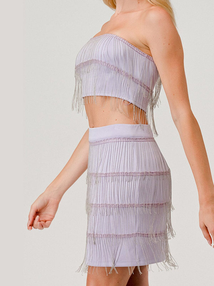 WOMEN'S SLEEVELESS CROP TOP & MINI SKIRT STUD FRINGE DETAILED 2PC. SET