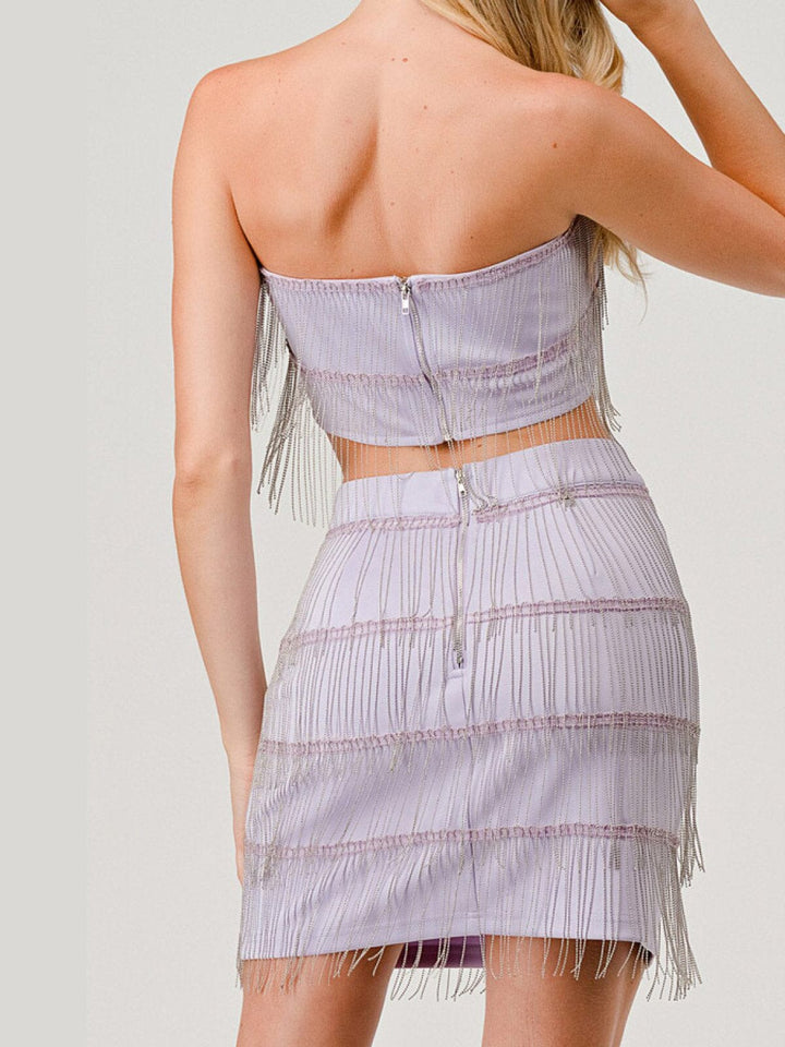 WOMEN'S SLEEVELESS CROP TOP & MINI SKIRT STUD FRINGE DETAILED 2PC. SET