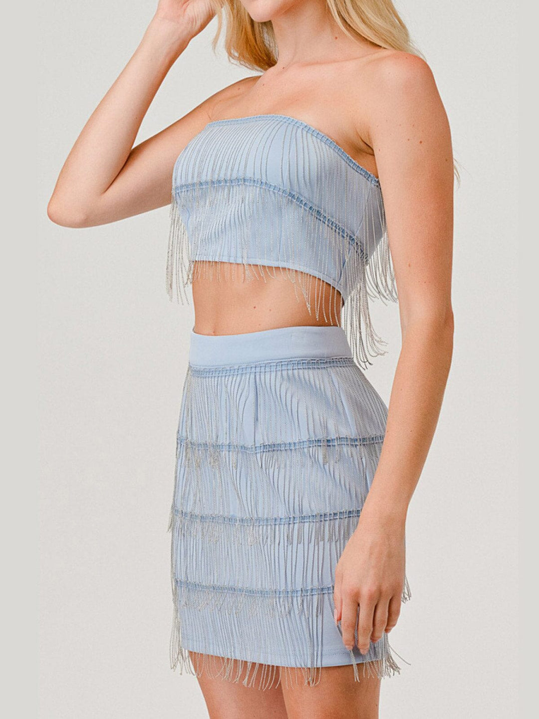 WOMEN'S SLEEVELESS CROP TOP & MINI SKIRT STUD FRINGE DETAILED 2PC. SET