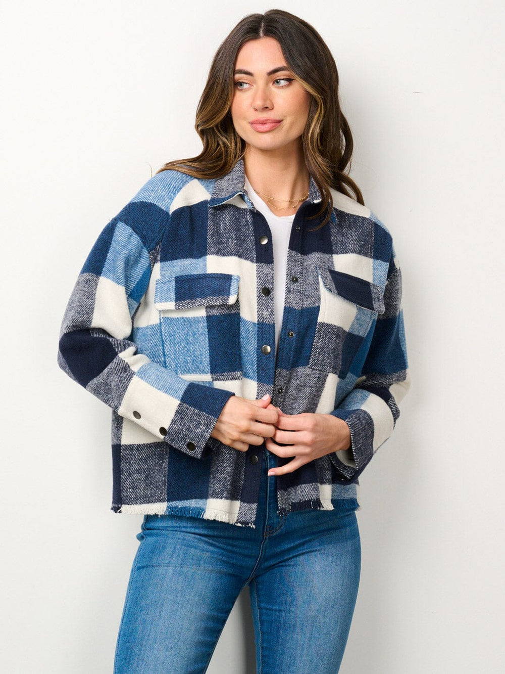 WOMEN'S LONG SLEEVE BUTTON CLOSURE PLAID JACKET