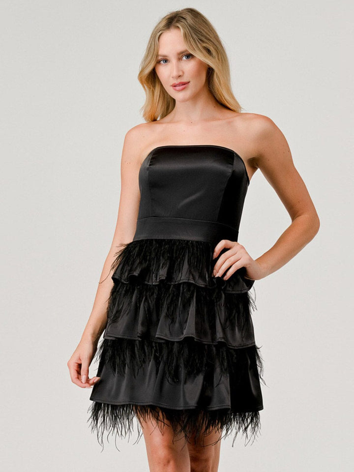 WOMEN'S SLEEVELESS BODYCON FEATHER RUFFLE TIERED MINI DRESS