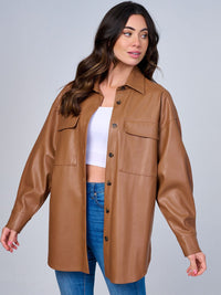 WOMEN'S LONG SLEEVE BUTTON CLOSURE FRONT POCKET PU PLEATHER JACKET