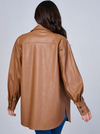 WOMEN'S LONG SLEEVE BUTTON CLOSURE FRONT POCKET PU PLEATHER JACKET