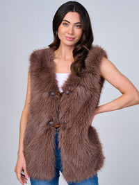 WOMEN'S SLEEVELESS BUTTON CLOSURE FRONT POCKETS FUZZY VEST
