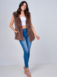 WOMEN'S SLEEVELESS BUTTON CLOSURE FRONT POCKETS FUZZY VEST
