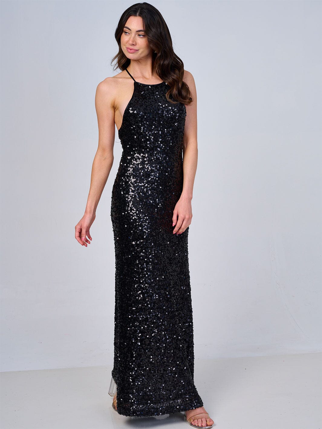 WOMEN'S SLEEVELESS OPEN BACK SEQUINS BODYCON MAXI DRESS