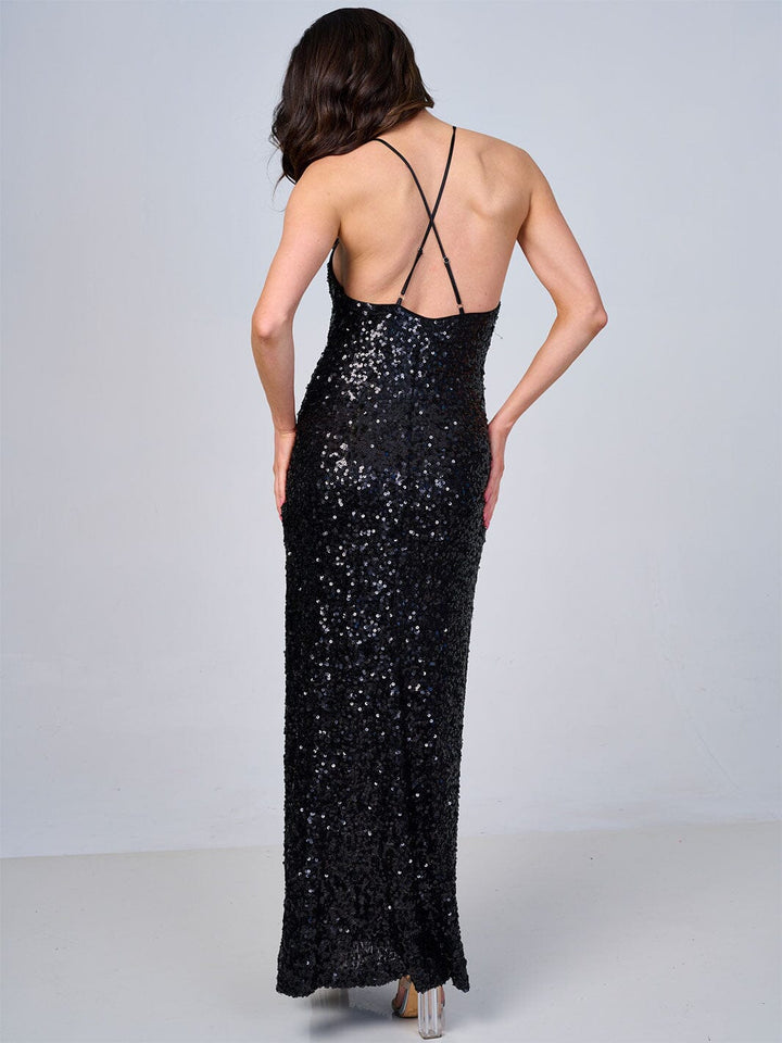 WOMEN'S SLEEVELESS OPEN BACK SEQUINS BODYCON MAXI DRESS