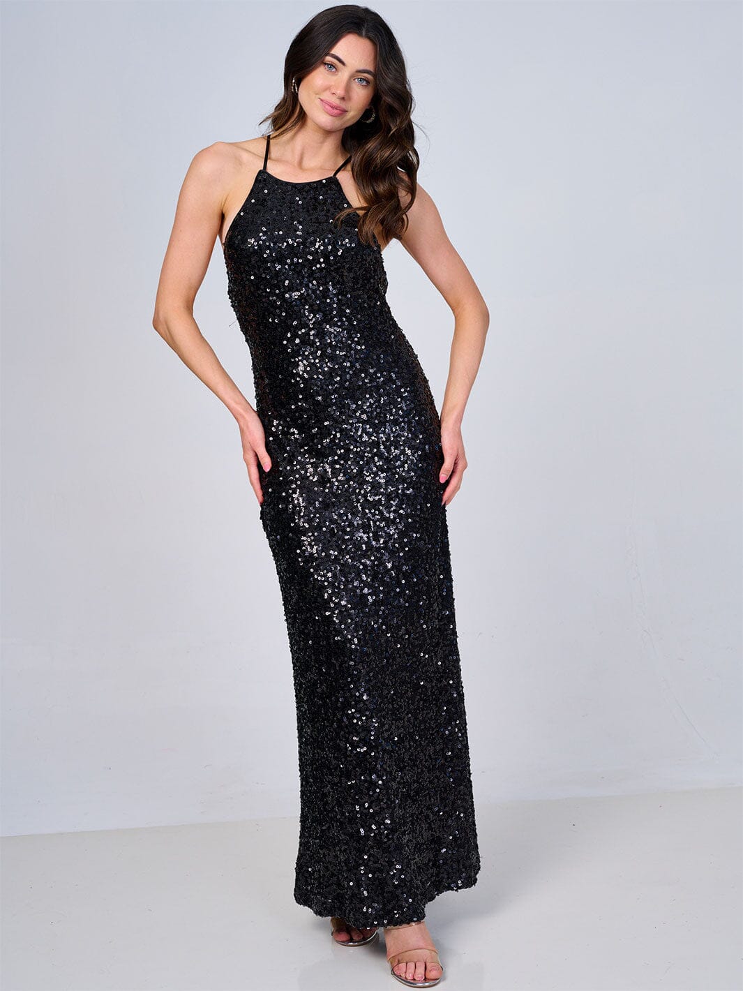 WOMEN'S SLEEVELESS OPEN BACK SEQUINS BODYCON MAXI DRESS