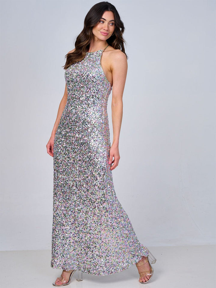 WOMEN'S SLEEVELESS OPEN BACK SEQUINS BODYCON MAXI DRESS