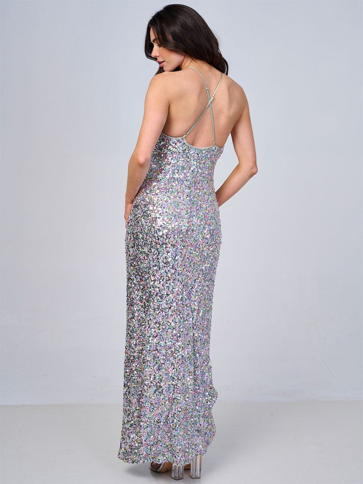 WOMEN'S SLEEVELESS OPEN BACK SEQUINS BODYCON MAXI DRESS