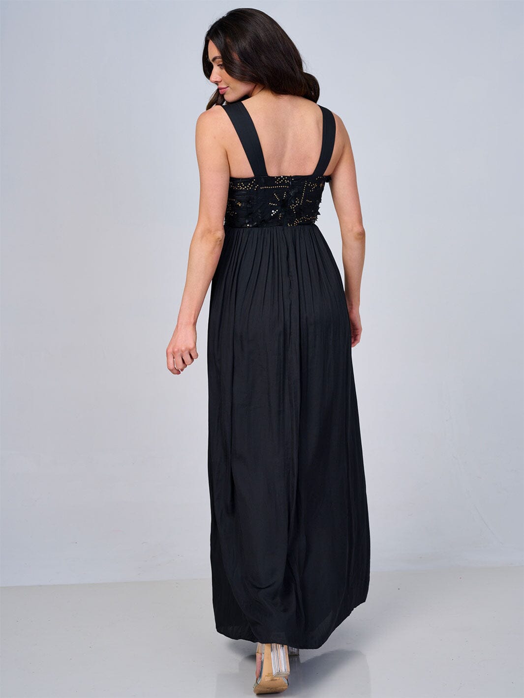 WOMEN'S SLEEVELESS FLORAL SEQUINS FRONT POCKETS MAXI DRESS