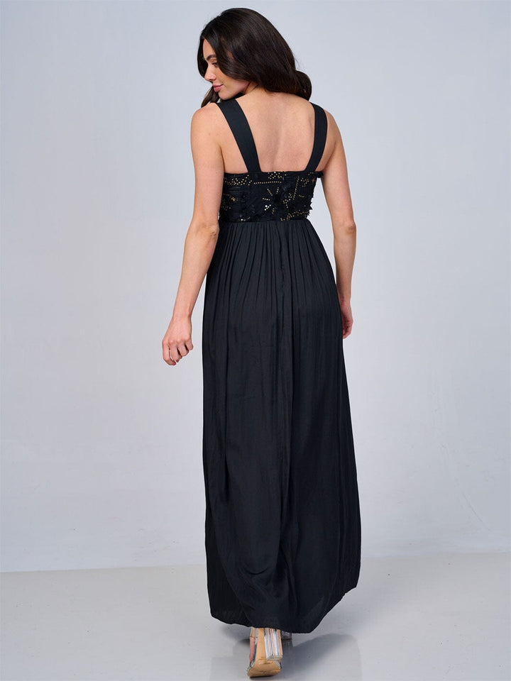 WOMEN'S SLEEVELESS FLORAL SEQUINS FRONT POCKETS MAXI DRESS