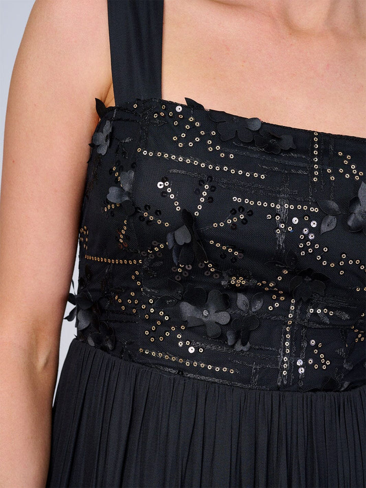 WOMEN'S SLEEVELESS FLORAL SEQUINS FRONT POCKETS MAXI DRESS