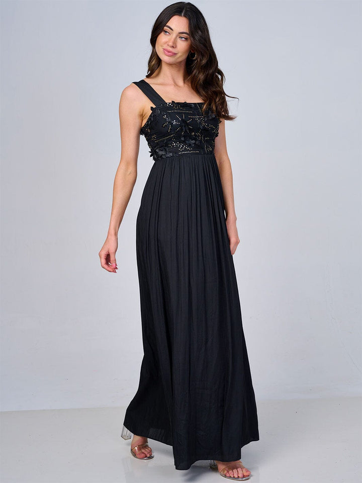 WOMEN'S SLEEVELESS FLORAL SEQUINS FRONT POCKETS MAXI DRESS