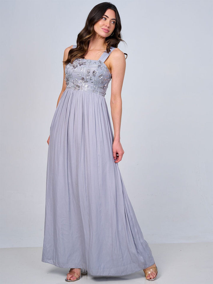 WOMEN'S SLEEVELESS FLORAL SEQUINS FRONT POCKETS MAXI DRESS