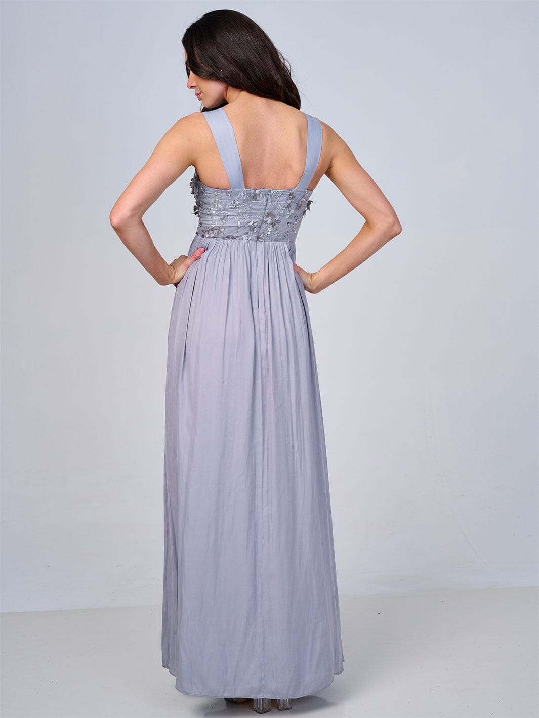 WOMEN'S SLEEVELESS FLORAL SEQUINS FRONT POCKETS MAXI DRESS