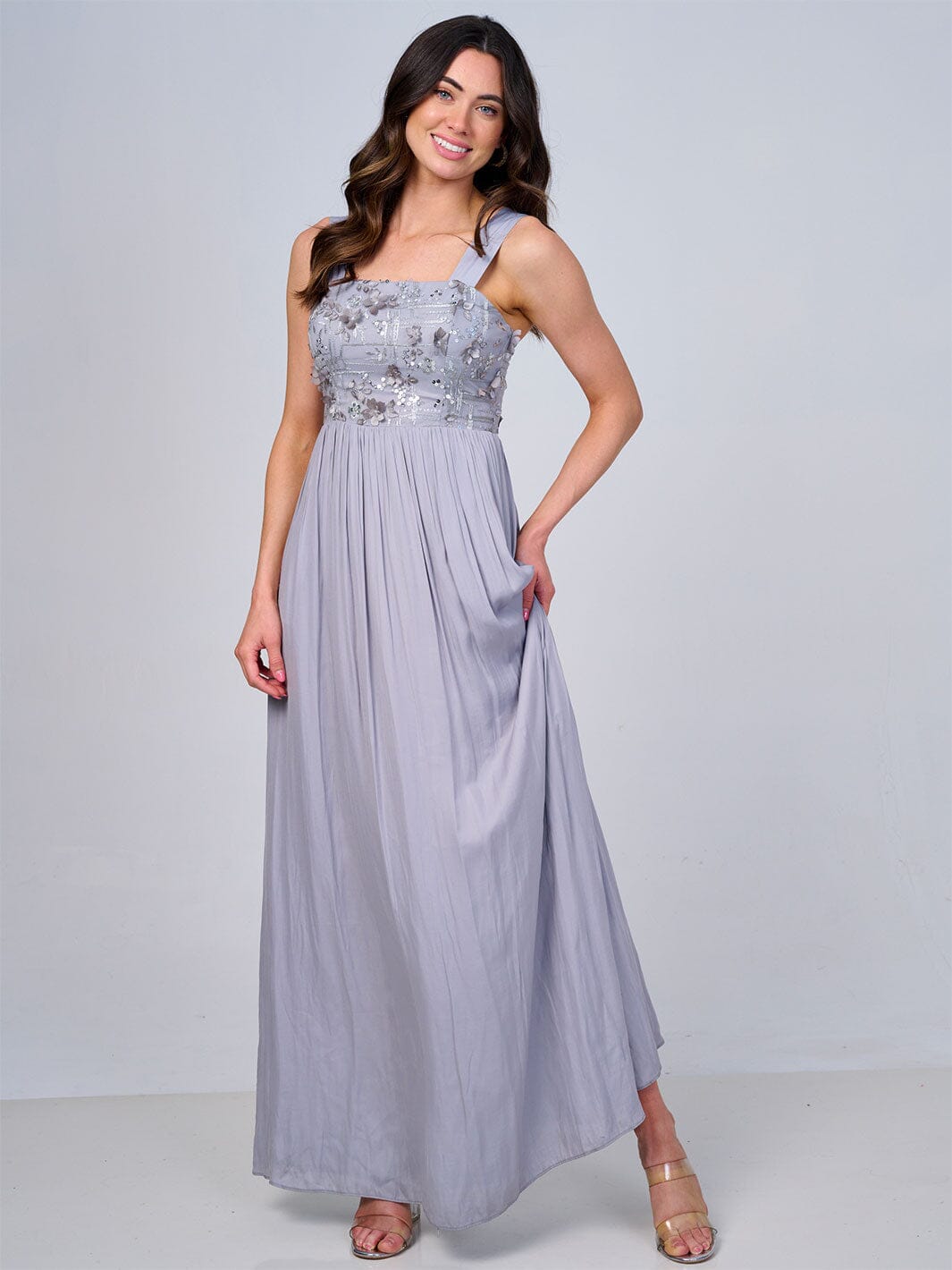 WOMEN'S SLEEVELESS FLORAL SEQUINS FRONT POCKETS MAXI DRESS