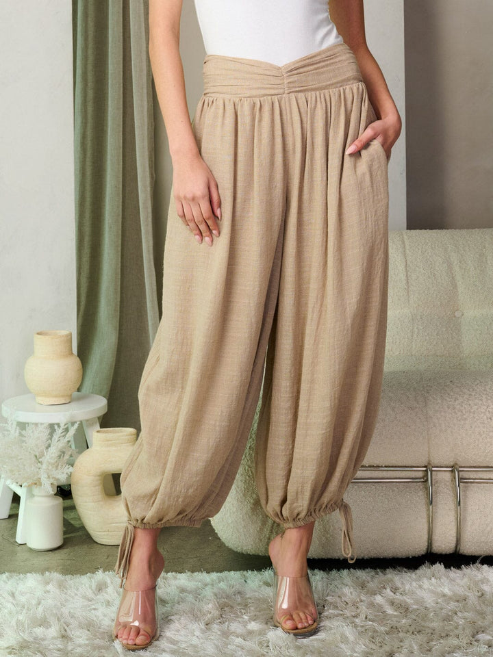 WOMEN'S SMOCK WAIST SELF TIE LEGS PANTS
