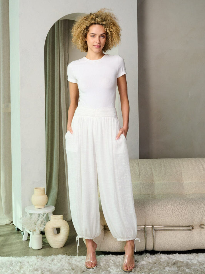 WOMEN'S SMOCK WAIST SELF TIE LEGS PANTS