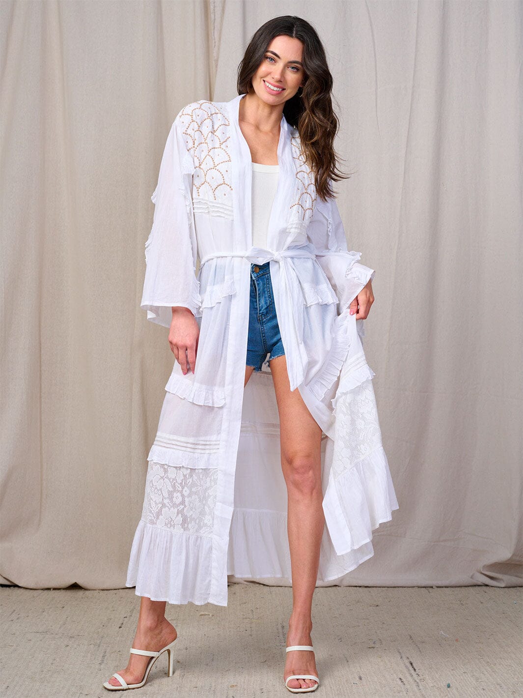 WOMEN'S LONG SLEEVES OPEN FRONT SELF TIE DETAILED KIMONO