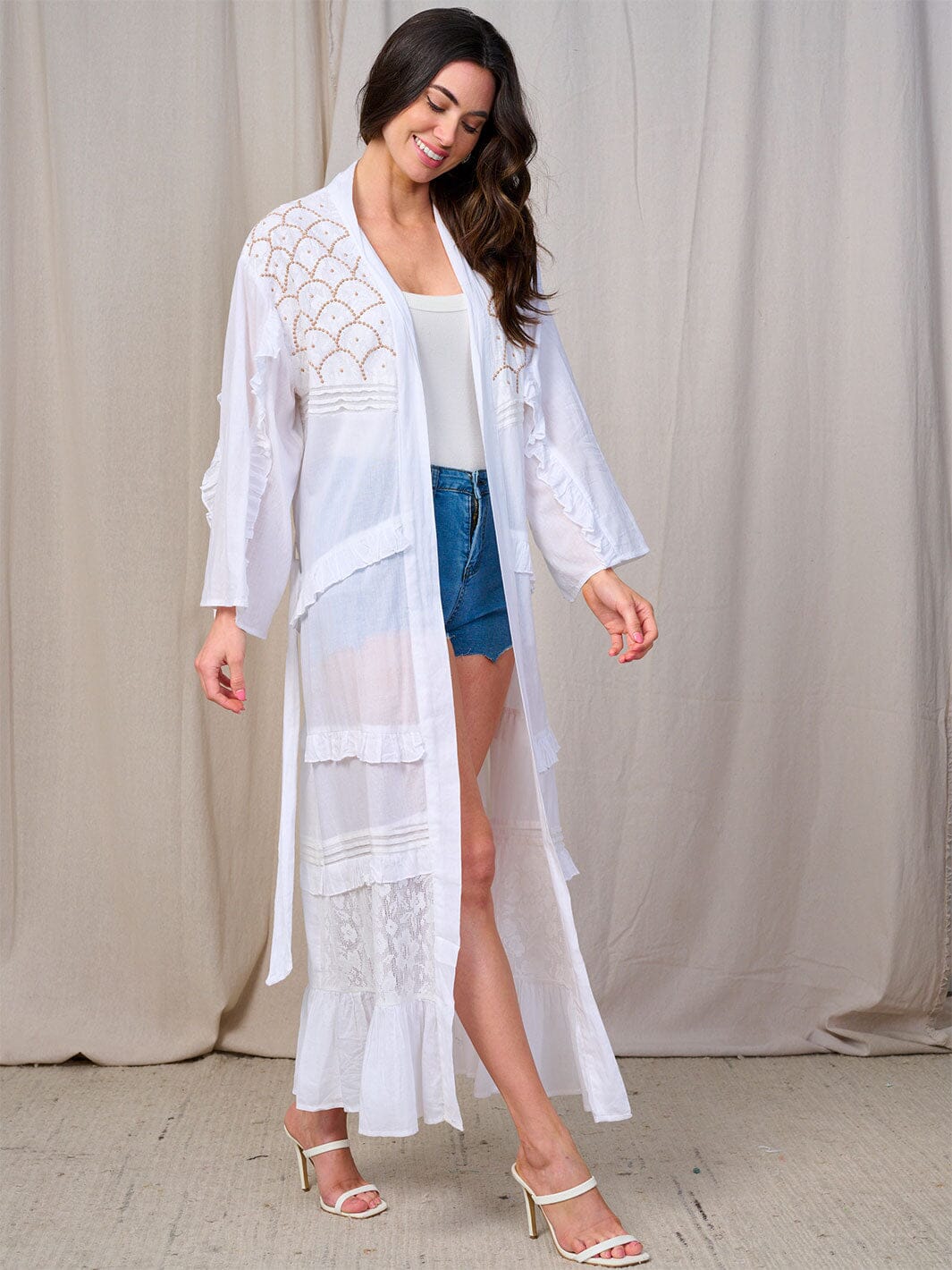 WOMEN'S LONG SLEEVES OPEN FRONT SELF TIE DETAILED KIMONO