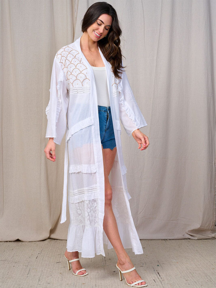 WOMEN'S LONG SLEEVES OPEN FRONT SELF TIE DETAILED KIMONO