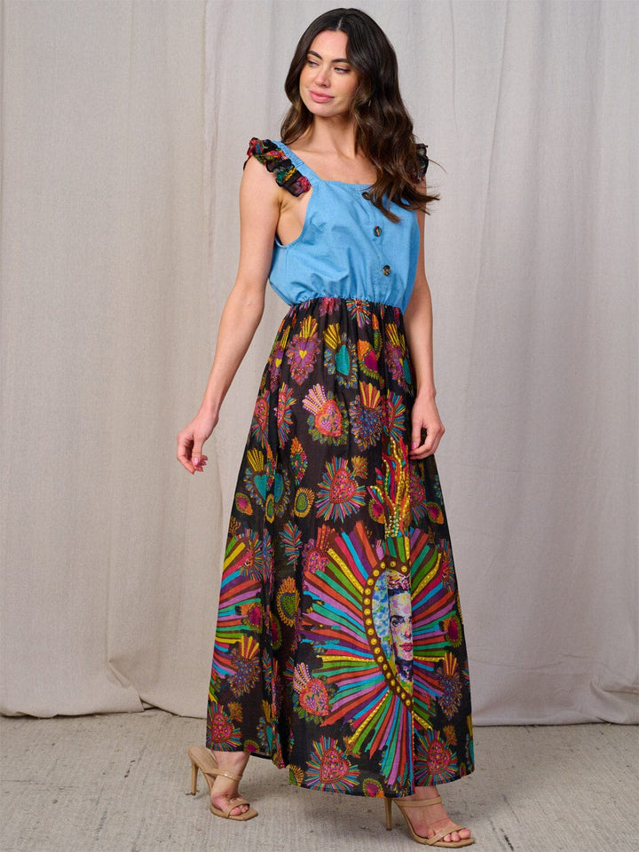WOMEN'S SLEEVELESS RUFFLE BUTTON UP MULTI PRINT CONTRAST MAXI DRESS