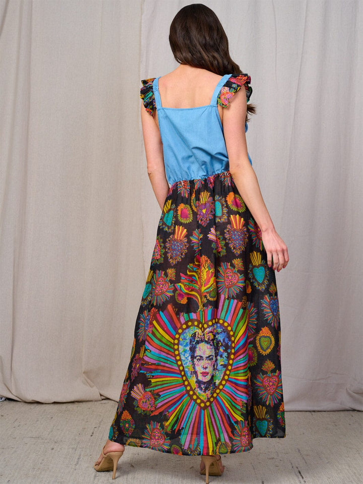 WOMEN'S SLEEVELESS RUFFLE BUTTON UP MULTI PRINT CONTRAST MAXI DRESS
