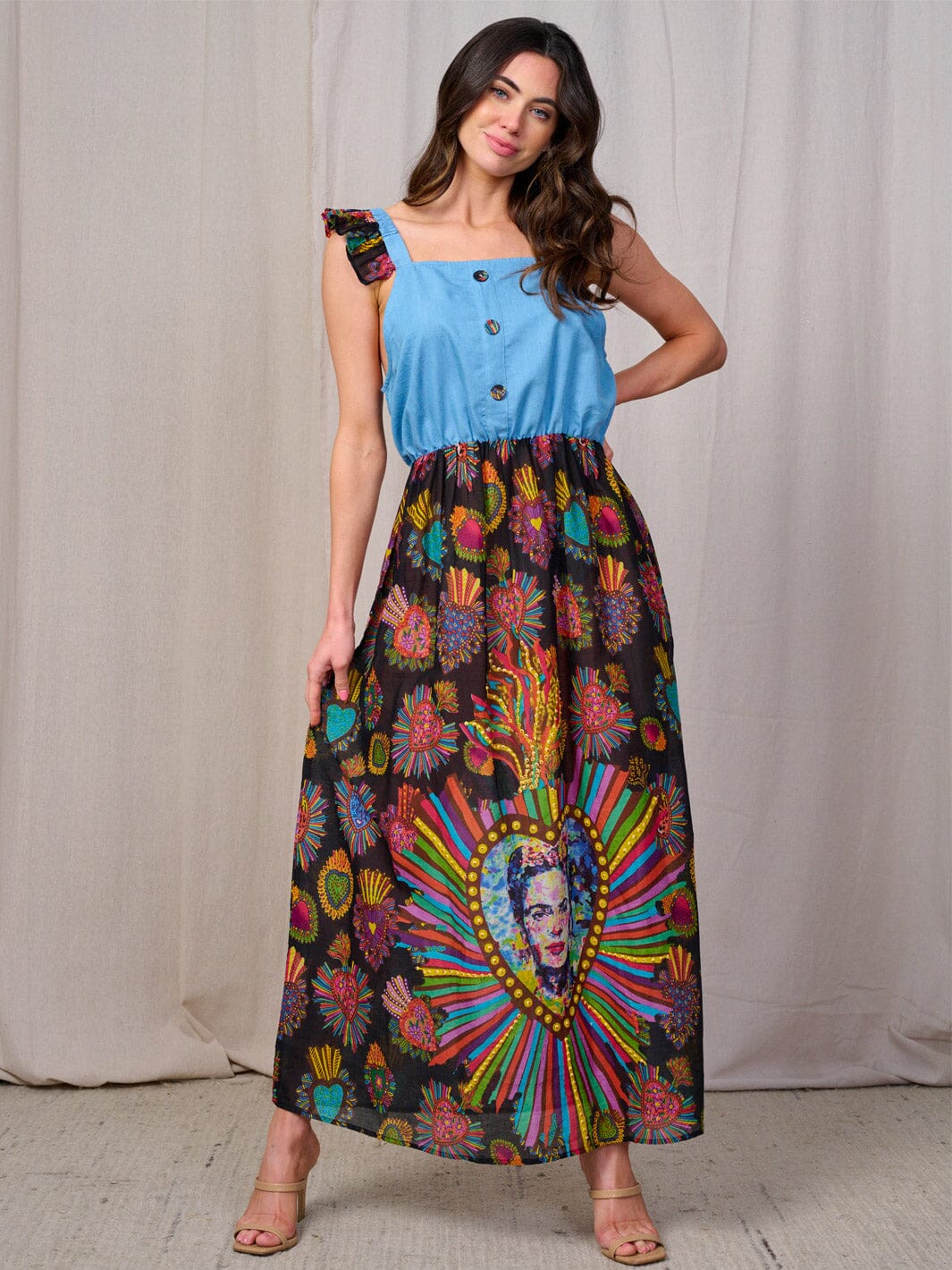 WOMEN'S SLEEVELESS RUFFLE BUTTON UP MULTI PRINT CONTRAST MAXI DRESS