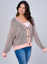 WOMEN'S LONG SLEEVE BUTTON CLOSURE RIBBED COLORBLOCK SWEATER
