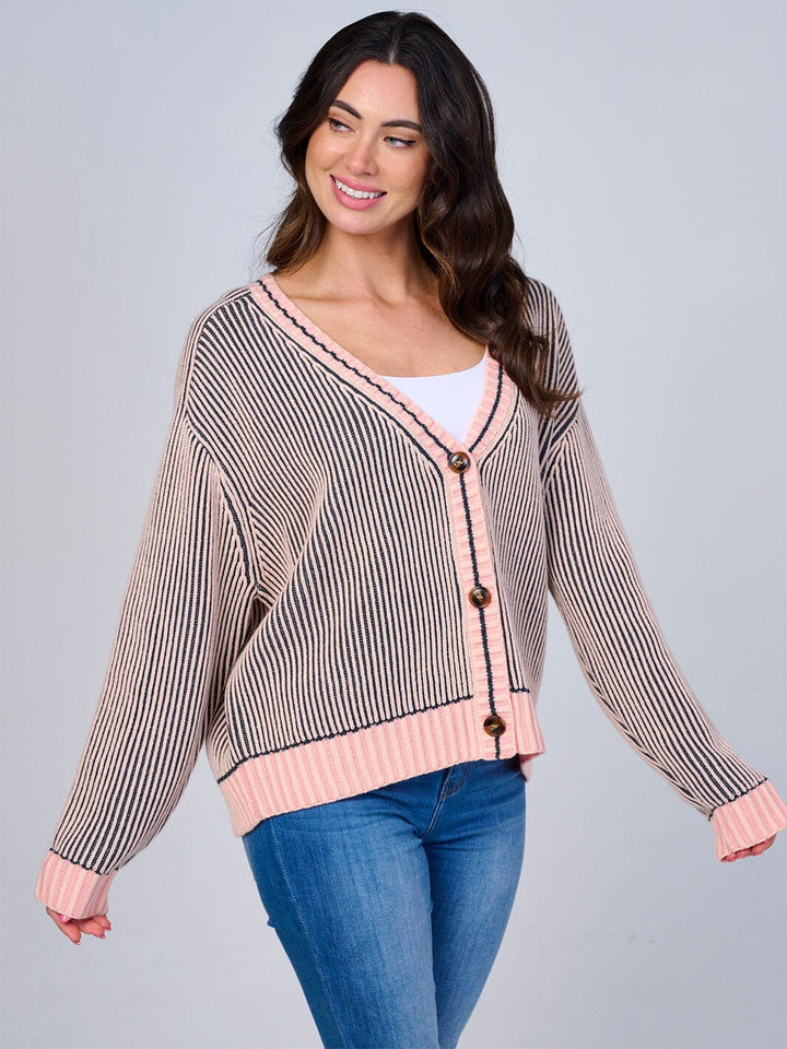 WOMEN'S LONG SLEEVE BUTTON CLOSURE RIBBED COLORBLOCK SWEATER