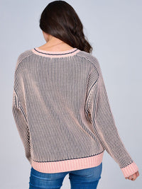 WOMEN'S LONG SLEEVE BUTTON CLOSURE RIBBED COLORBLOCK SWEATER