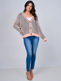 WOMEN'S LONG SLEEVE BUTTON CLOSURE RIBBED COLORBLOCK SWEATER