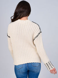 WOMEN'S LONG SLEEVE TRIM DETAILED PULLOVER KNIT SWEATER