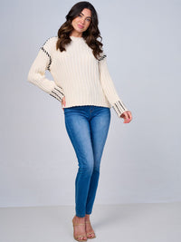 WOMEN'S LONG SLEEVE TRIM DETAILED PULLOVER KNIT SWEATER