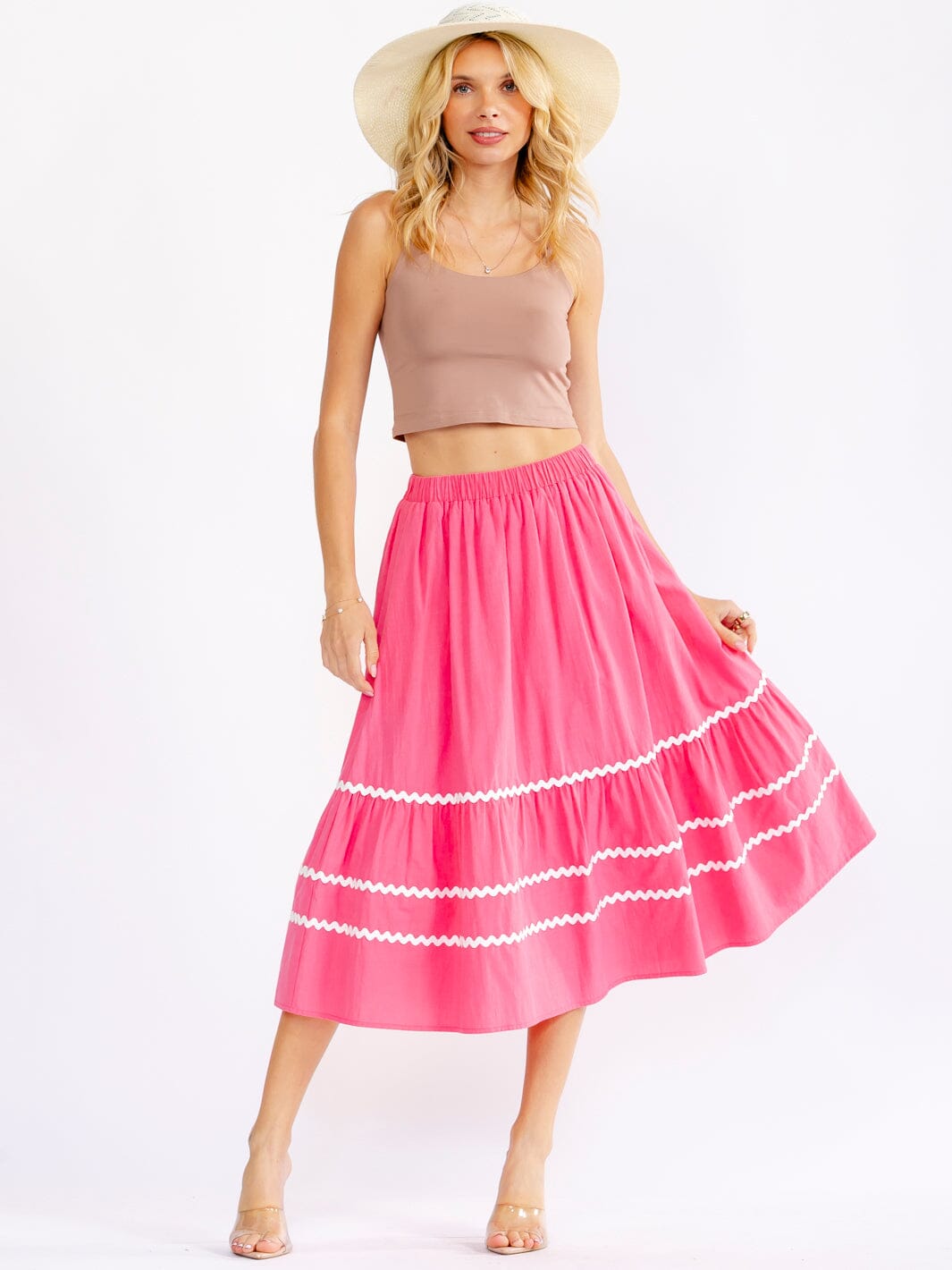 WOMEN'S ELASTIC WAIST FRONT POCKETS TRIM DETAILED FIT & FLARE MIDI SKIRT