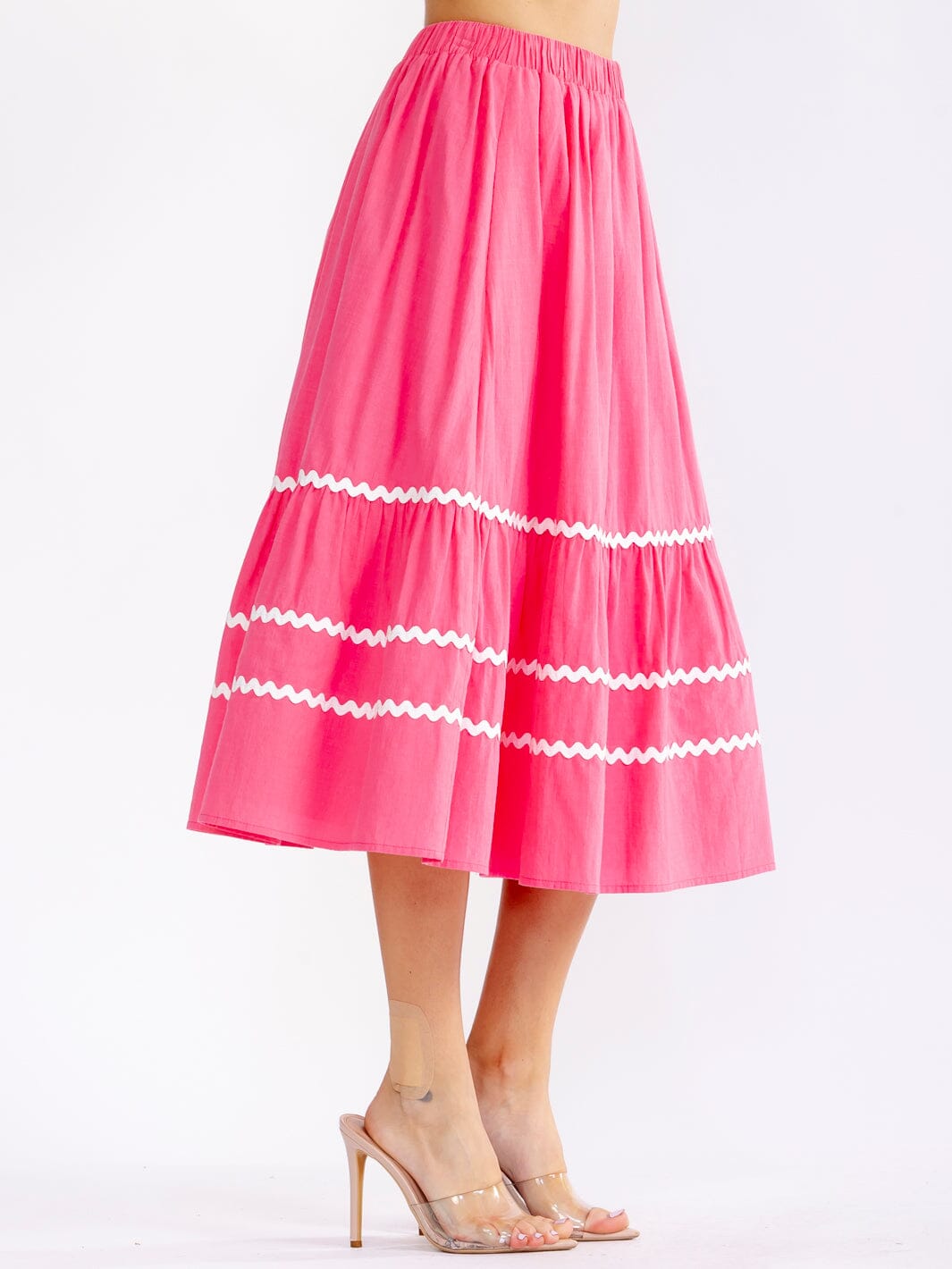 WOMEN'S ELASTIC WAIST FRONT POCKETS TRIM DETAILED FIT & FLARE MIDI SKIRT