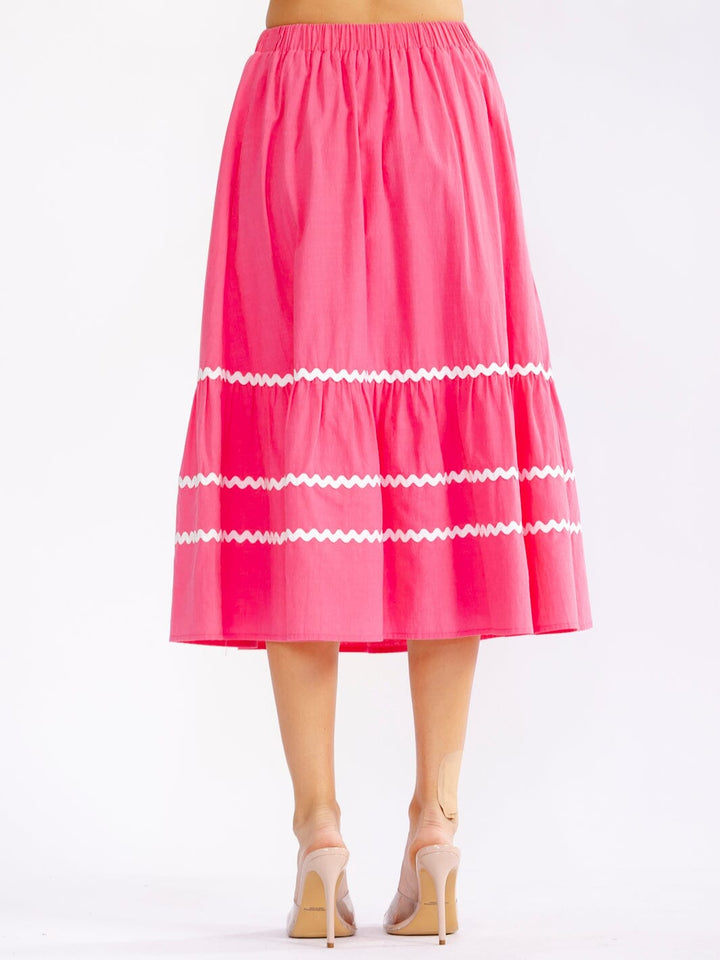 WOMEN'S ELASTIC WAIST FRONT POCKETS TRIM DETAILED FIT & FLARE MIDI SKIRT