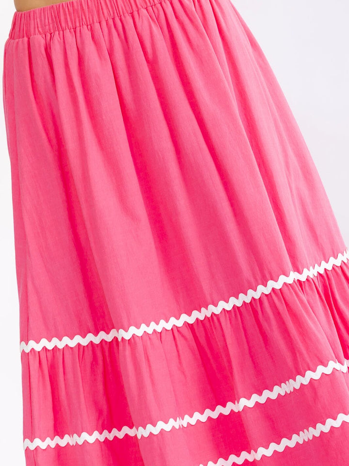 WOMEN'S ELASTIC WAIST FRONT POCKETS TRIM DETAILED FIT & FLARE MIDI SKIRT