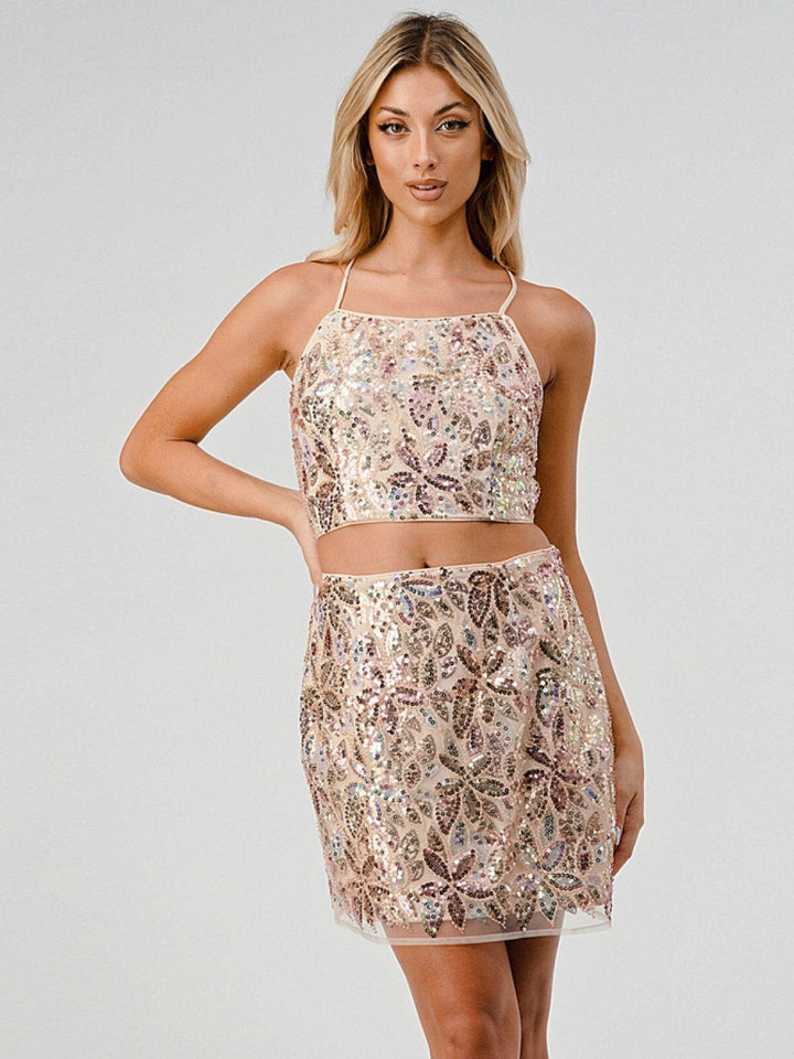 WOMEN'S SLEEVELESS CROP TOP & MINI SKIRT SEQUINS 2PC. SET (Copy)
