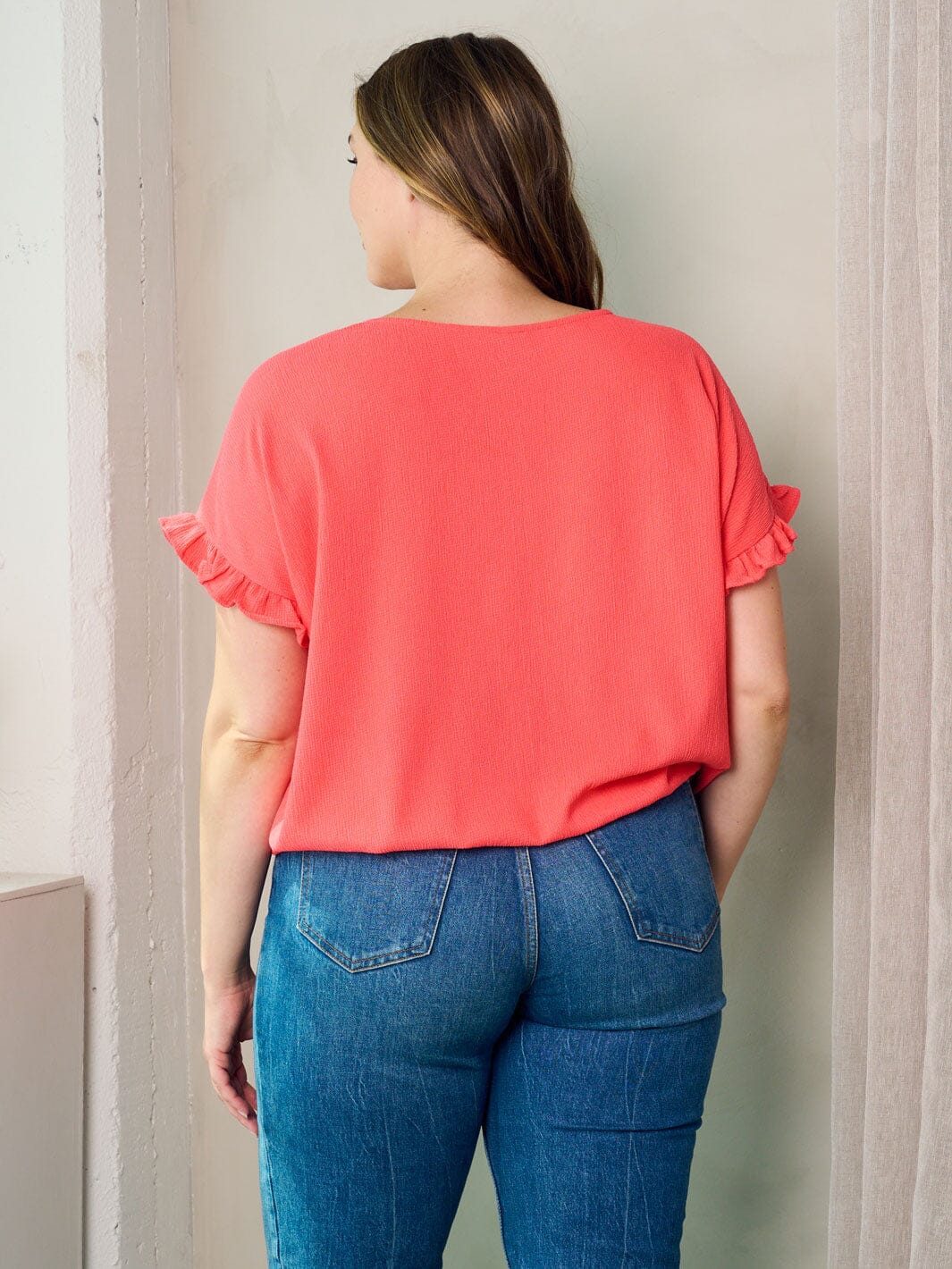 PLUS SIZE SHORT RUFFLE SLEEVE SELF TIE TOP