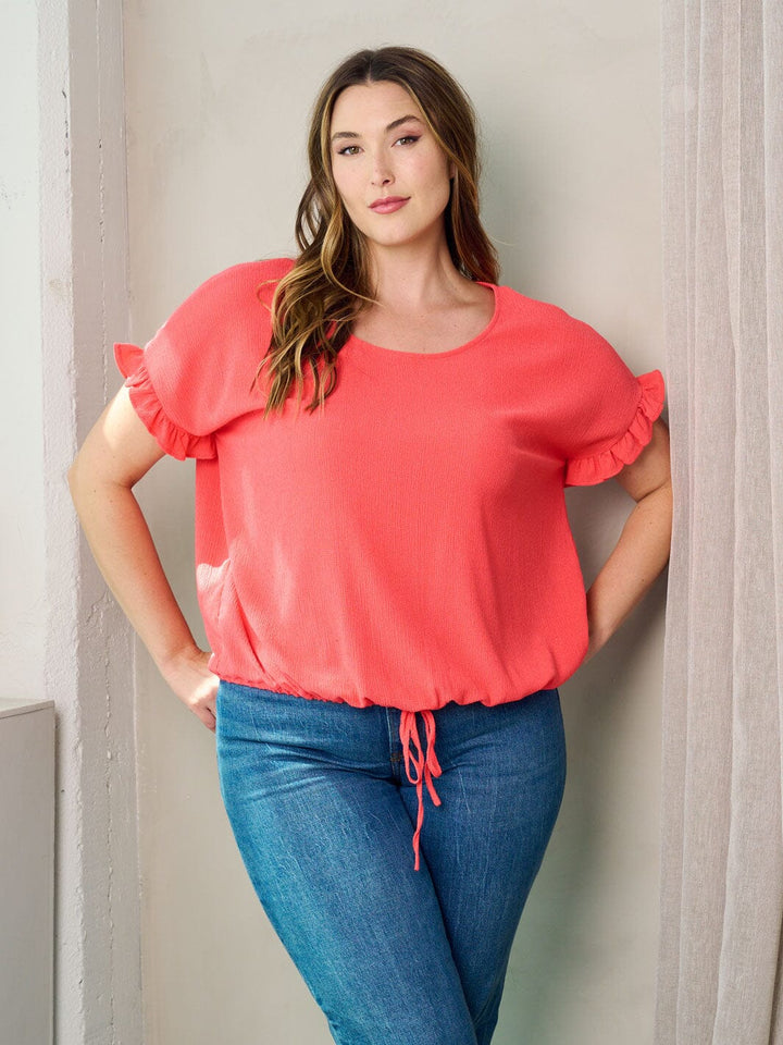 PLUS SIZE SHORT RUFFLE SLEEVE SELF TIE TOP