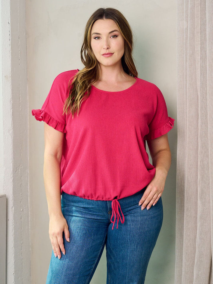 PLUS SIZE SHORT RUFFLE SLEEVE SELF TIE TOP