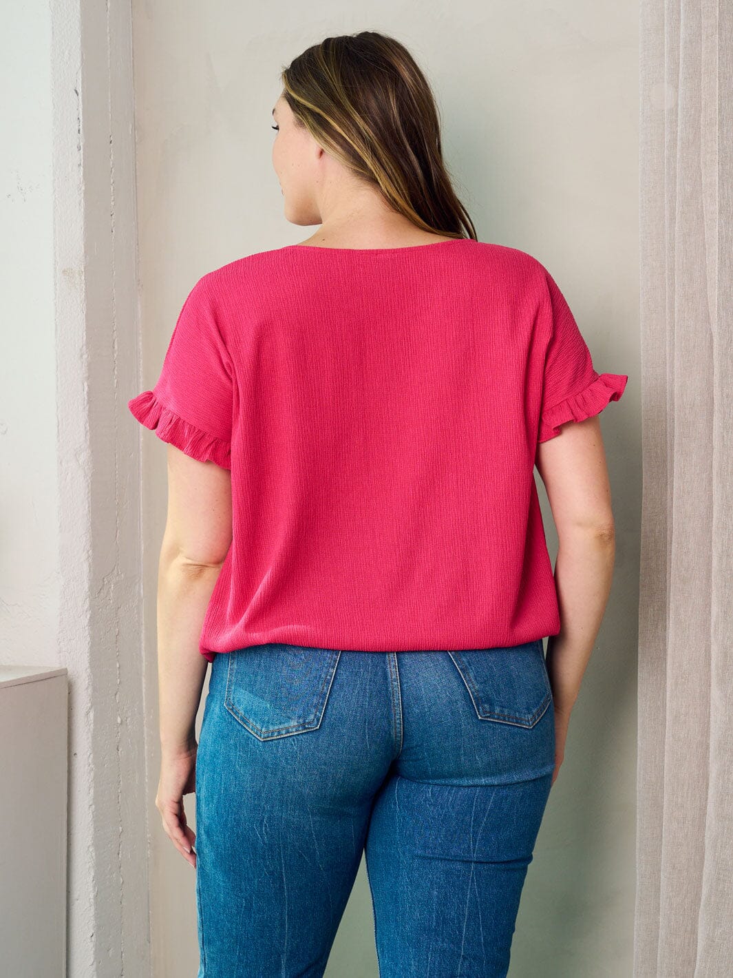 PLUS SIZE SHORT RUFFLE SLEEVE SELF TIE TOP